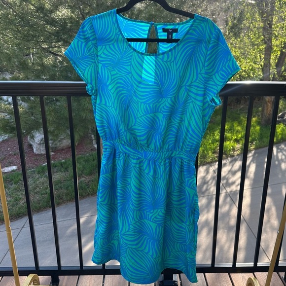GAP Teal & Blue Palm Print Fit & Flare Summer Dress | Size M - Picture 1 of 7